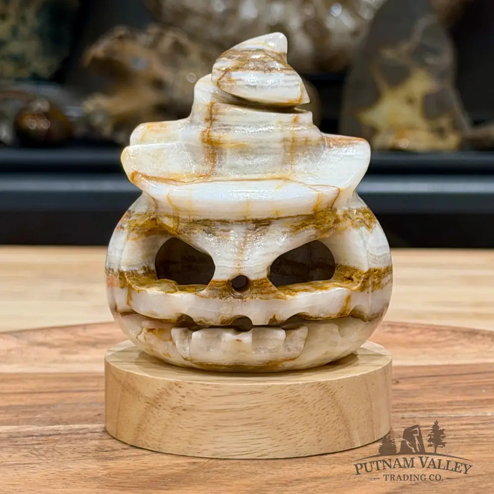 Banded Calcite Jack-O’-Lantern Lamp | Carved Stone Pumpkin - Carved Object