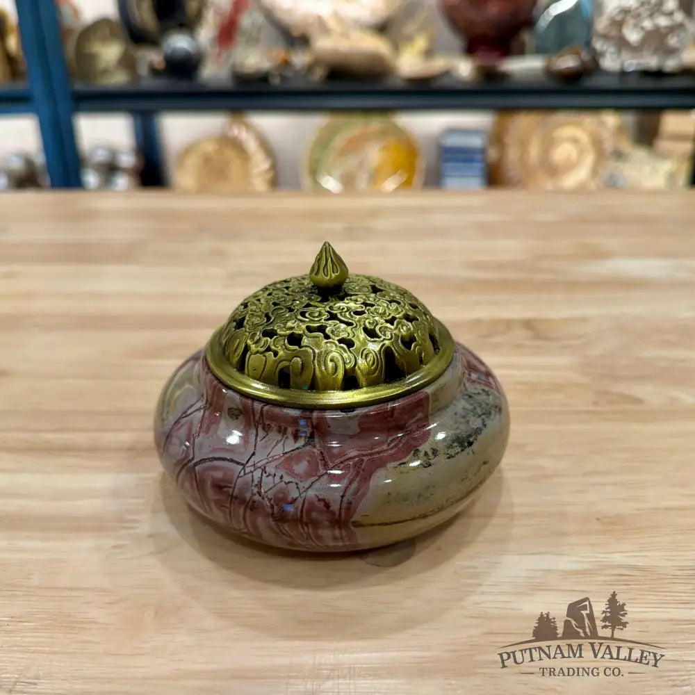 Chinese Picture Jasper Trinket Box | Incense Burner - Display Box