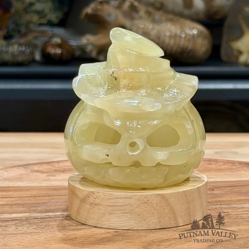 Green Banded Calcite Jack-O’-Lantern Lamp 1.06 | Carved Stone Pumpkin - Carved Object