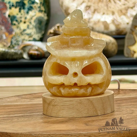 Honey Calcite Jack-O’-Lantern Lamp | Carved Stone Pumpkin - Carved Object