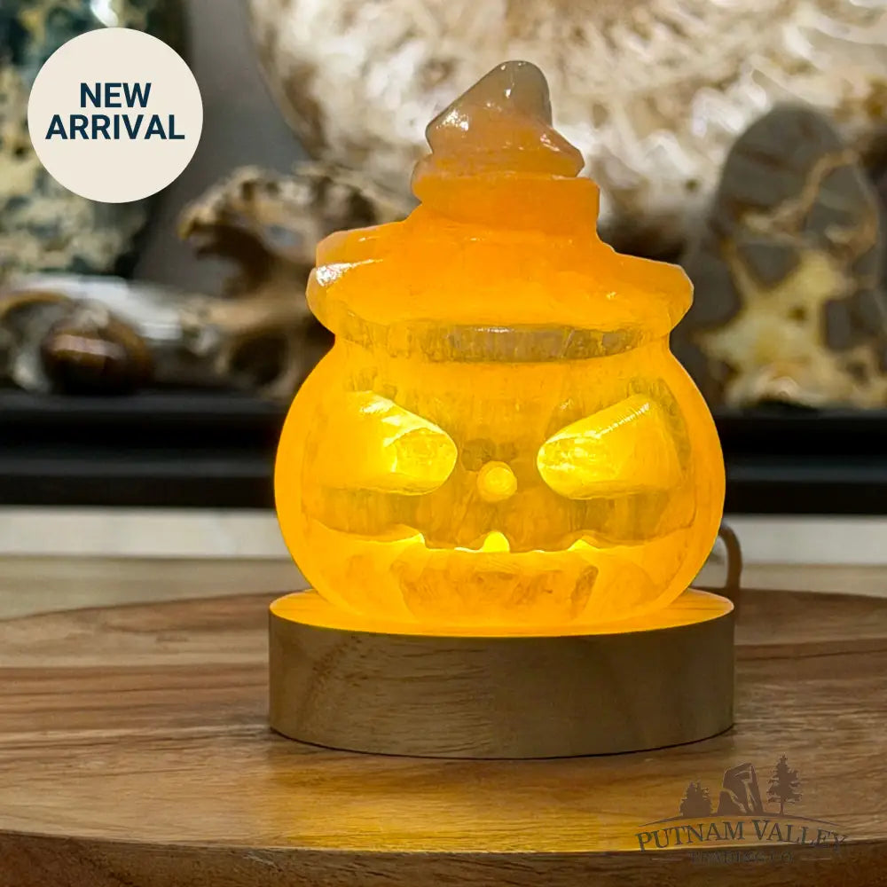 Honey Calcite Jack-O’-Lantern Lamp | Carved Stone Pumpkin - Carved Object