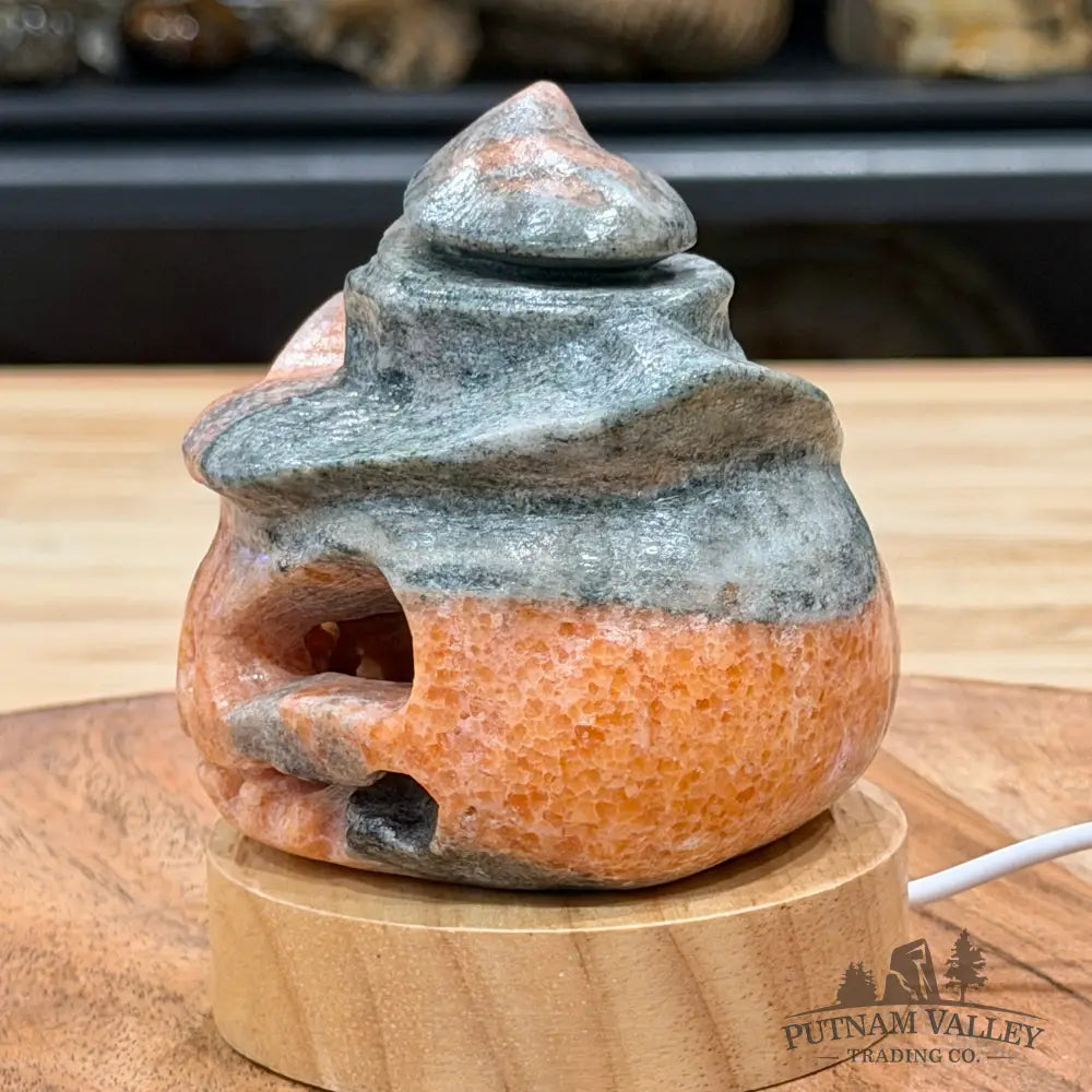 Orange Gray Banded Calcite Jack-O’-Lantern Lamp | Carved Stone Pumpkin - Carved Object