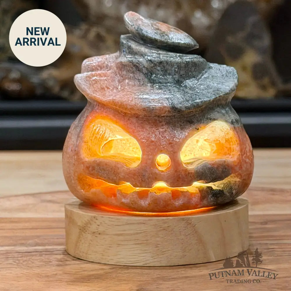 Orange Gray Banded Calcite Jack-O’-Lantern Lamp | Carved Stone Pumpkin - Carved Object