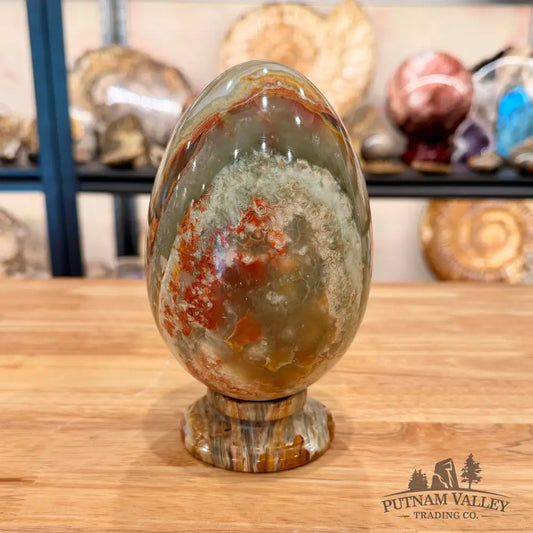 Reserve Green Banded Calcite Egg 6.59’’ + Matching Stand - Egg