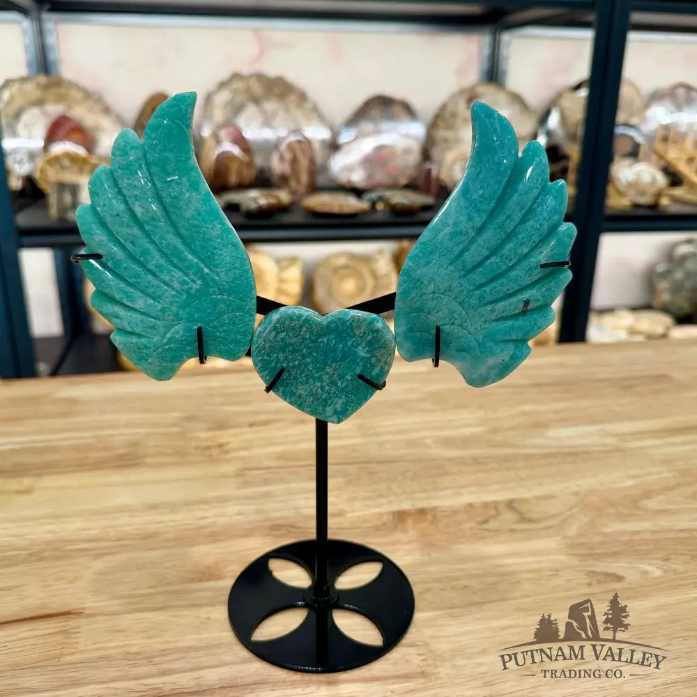 Stone Angel Wings with Heart on Metal Stand Amazonite Sculpture