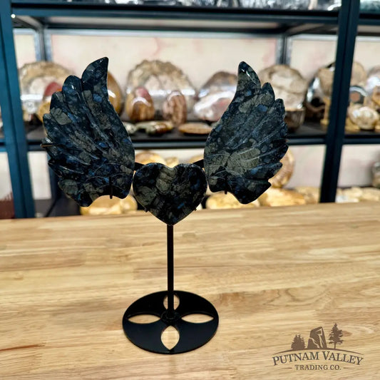 Stone Angel Wings with Heart on Metal Stand Que Sera Sculpture