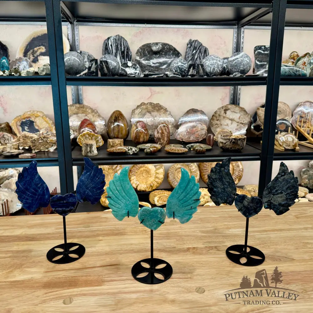 Stone Angel Wings with Heart on Metal Stand Sculpture
