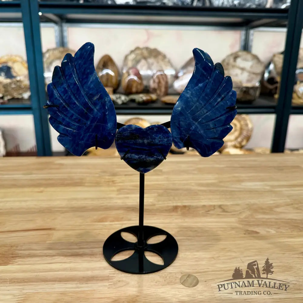 Stone Angel Wings with Heart on Metal Stand Sodalite Sculpture