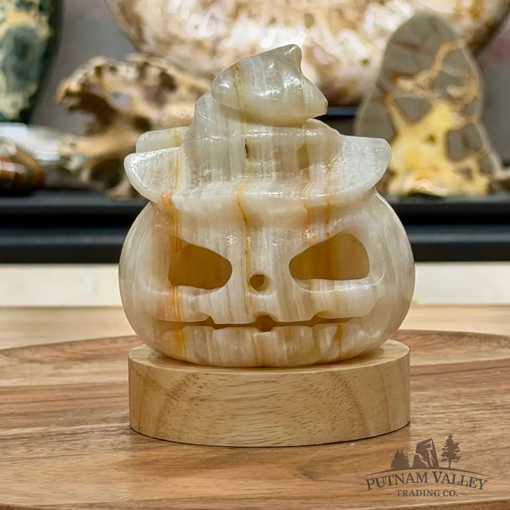 Banded Calcite Jack-O’-Lantern Lamp | Carved Stone Pumpkin - Carved Object