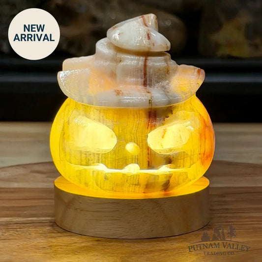 Banded Calcite Jack-O’-Lantern Lamp | Carved Stone Pumpkin - Carved Object