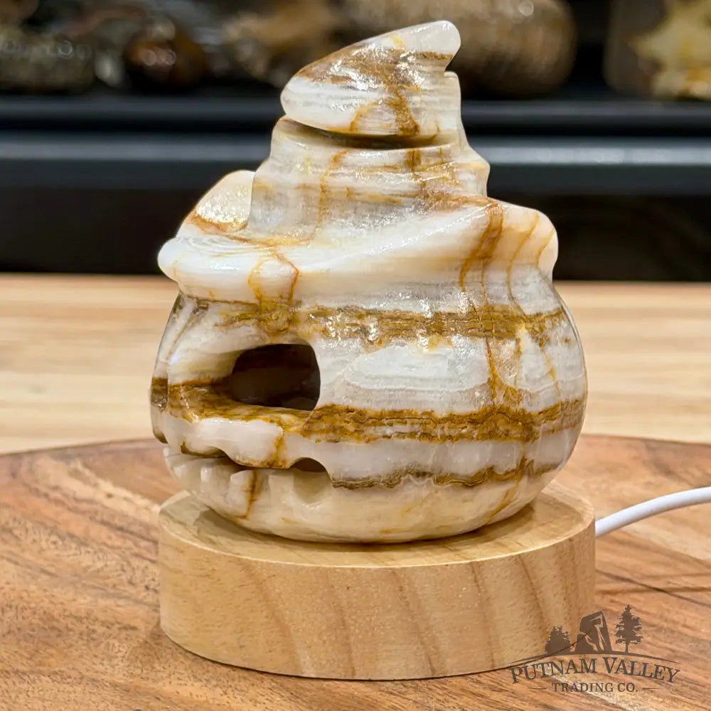 Banded Calcite Jack-O’-Lantern Lamp | Carved Stone Pumpkin - Carved Object
