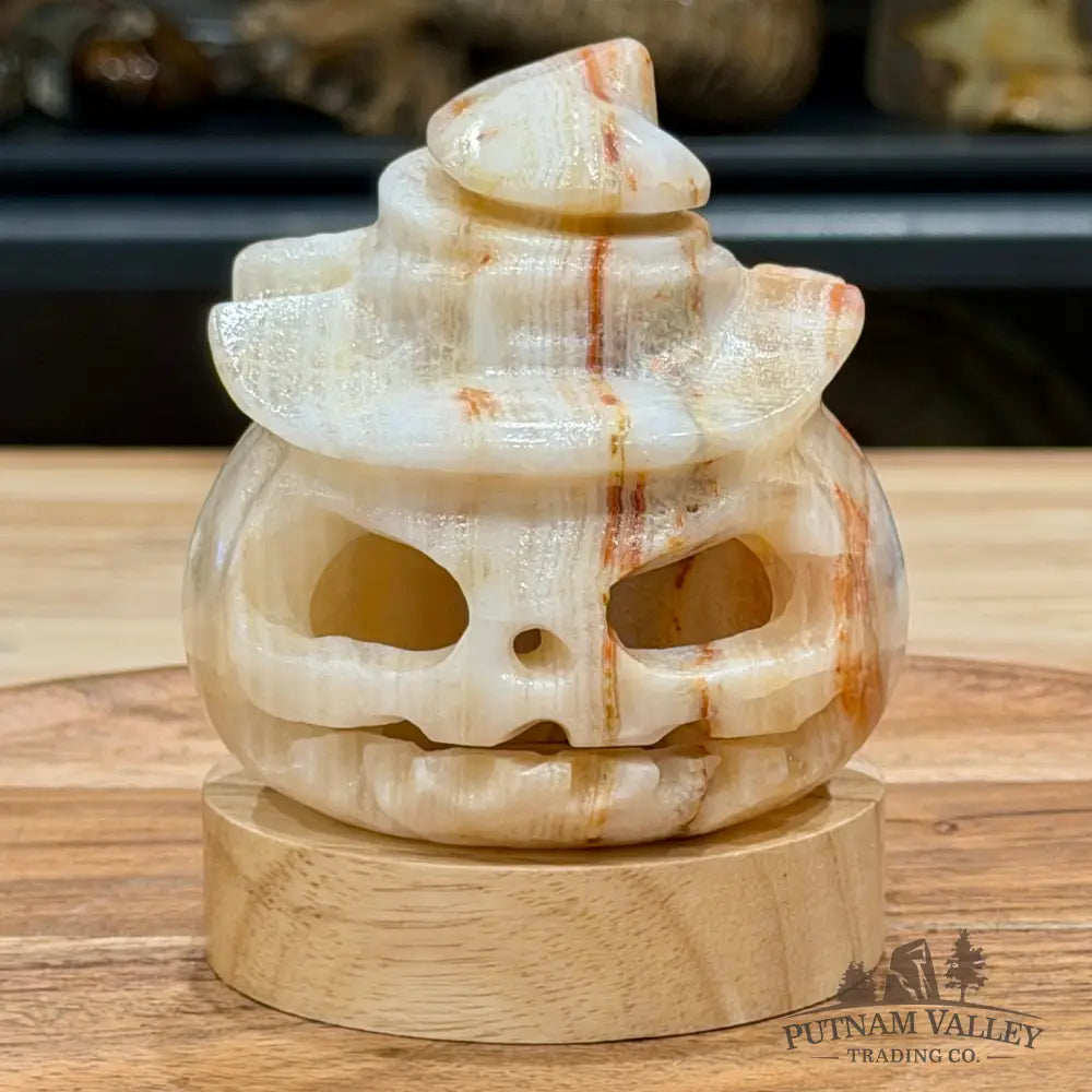 Banded Calcite Jack-O’-Lantern Lamp | Carved Stone Pumpkin - Carved Object