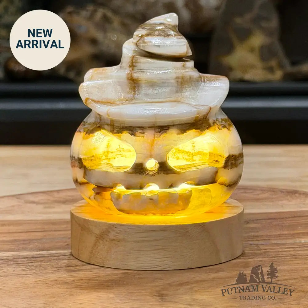 Banded Calcite Jack-O’-Lantern Lamp | Carved Stone Pumpkin - Carved Object