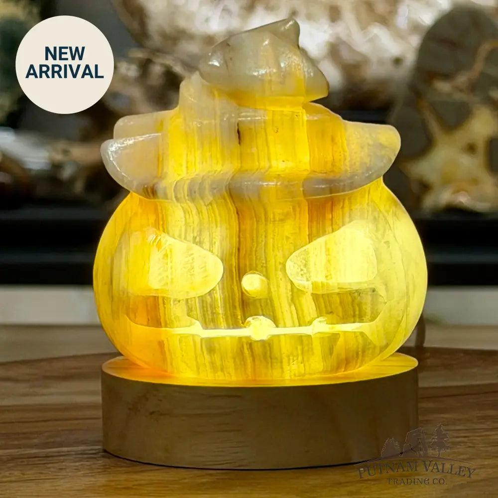 Banded Calcite Jack-O’-Lantern Lamp | Carved Stone Pumpkin - Carved Object