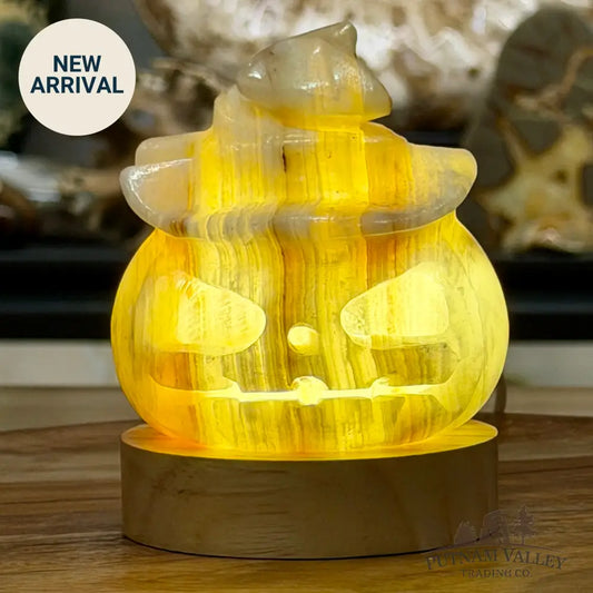 Banded Calcite Jack-O’-Lantern Lamp | Carved Stone Pumpkin - Carved Object