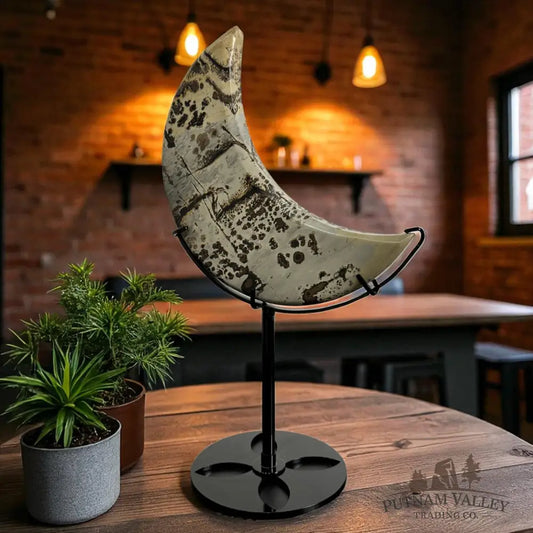 Chinese Painting Stone Moon with Stand Accent