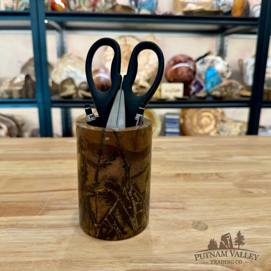 Chinese Picture Jasper Pen Holder, 5’’ Natural Stone - Vase