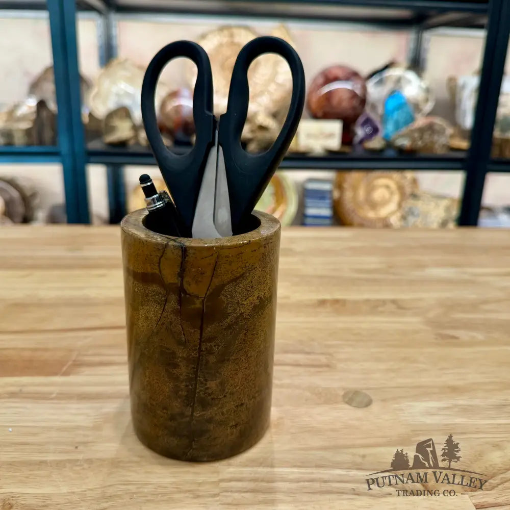 Chinese Picture Jasper Pen Holder, 5’’ Natural Stone - Vase