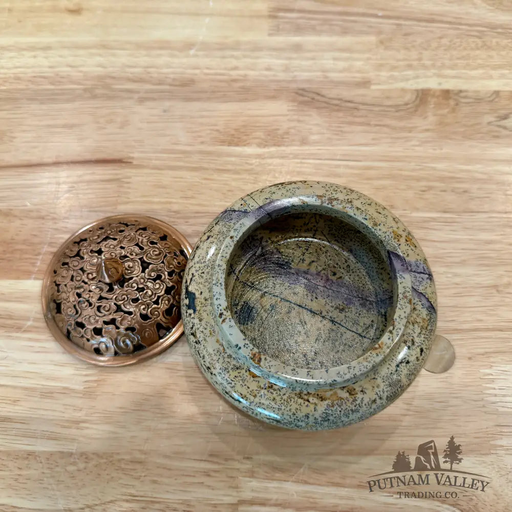 Chinese Picture Jasper Round Trinket Box - Display Box