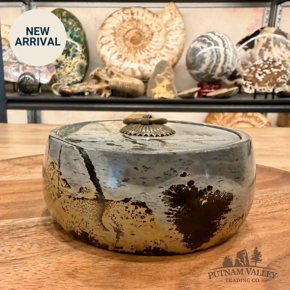 Chinese Picture Jasper Round Trinket Box - Display Box