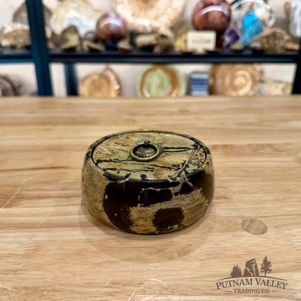 Chinese Picture Jasper Round Trinket Box - Display Box