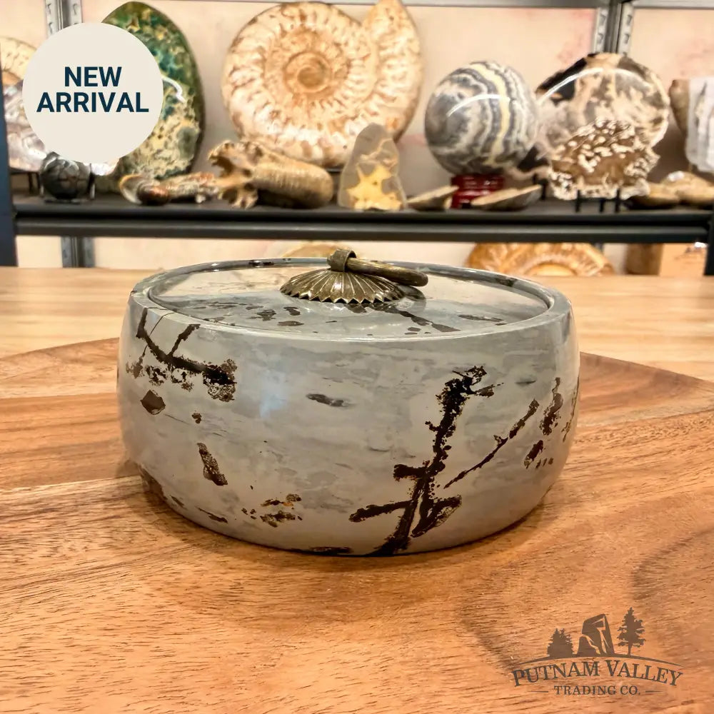 Chinese Picture Jasper Round Trinket Box - Display Box