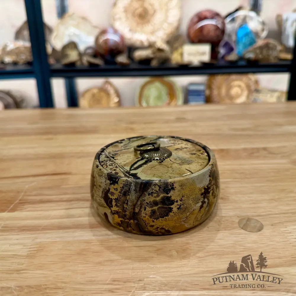 Chinese Picture Jasper Round Trinket Box - Display Box
