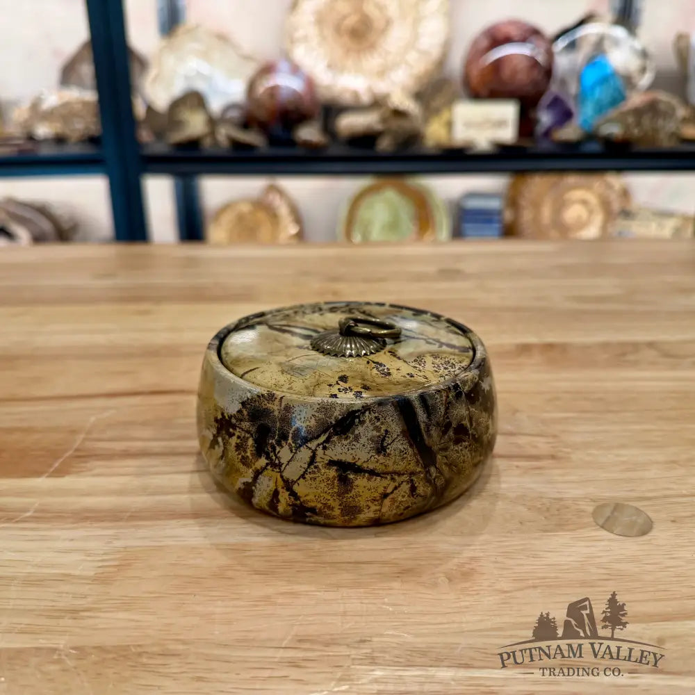 Chinese Picture Jasper Round Trinket Box - Display Box