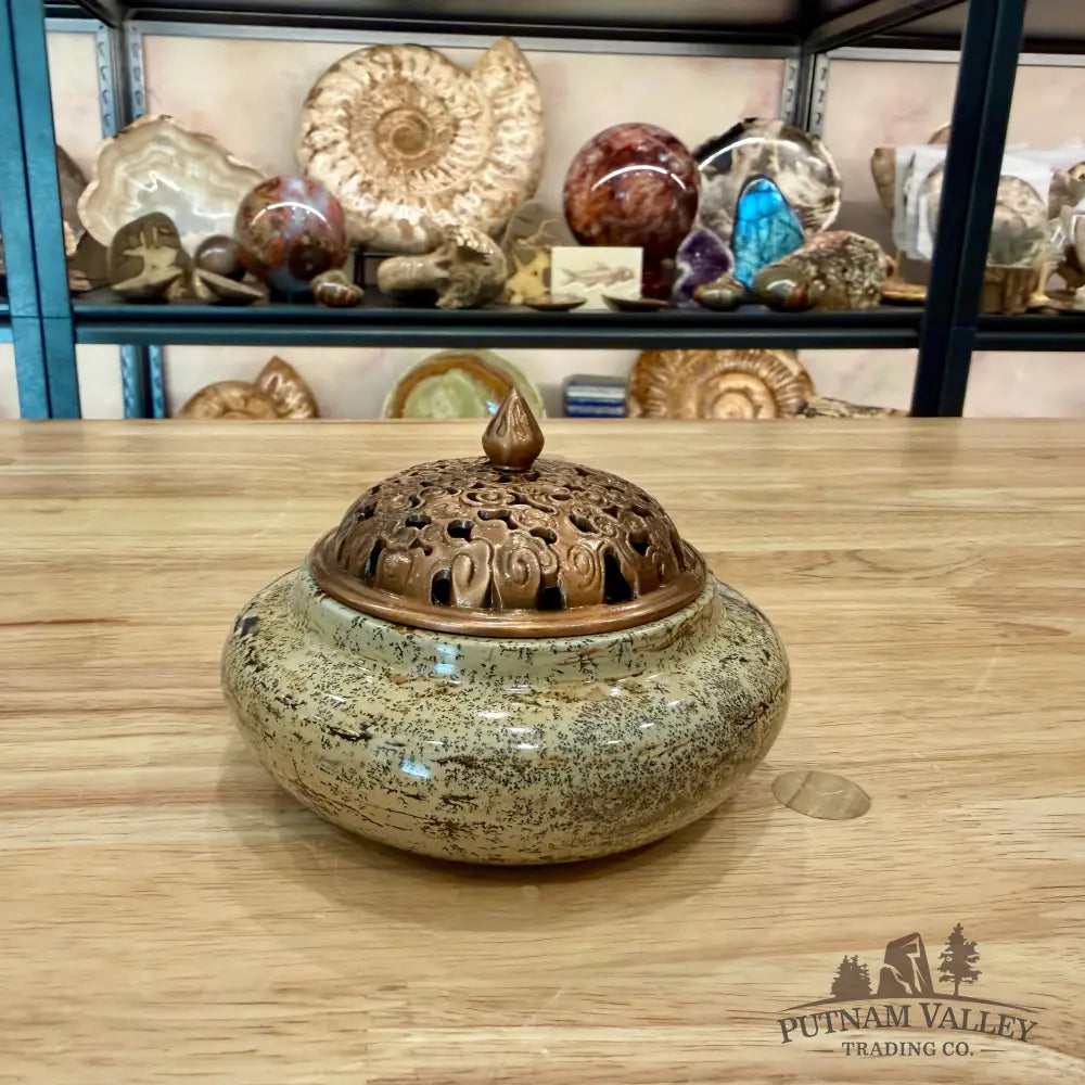 Chinese Picture Jasper Round Trinket Box - Display Box