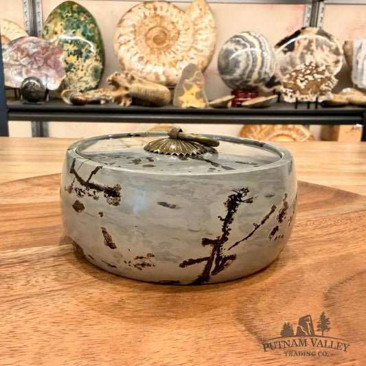 Chinese Picture Jasper Round Trinket Box - Display Box
