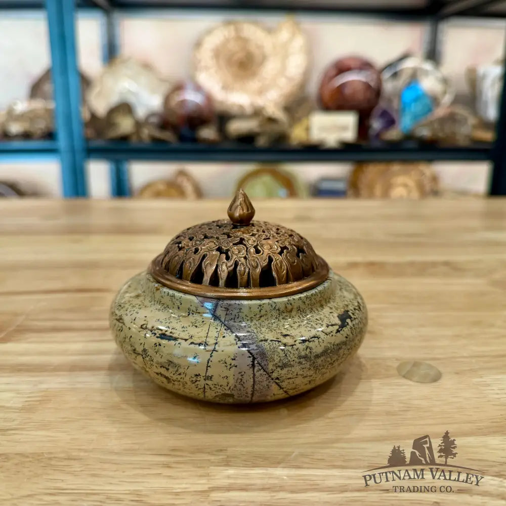 Chinese Picture Jasper Round Trinket Box - Display Box
