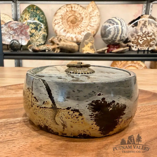 Chinese Picture Jasper Round Trinket Box - Display Box