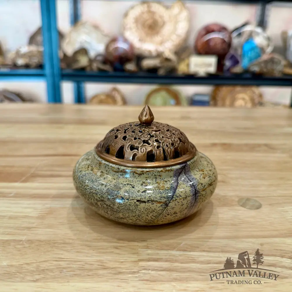 Chinese Picture Jasper Round Trinket Box - Display Box
