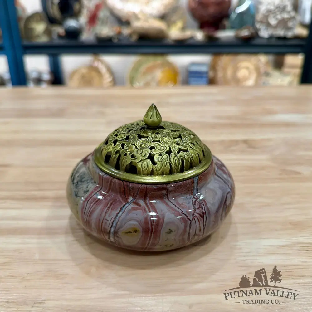 Chinese Picture Jasper Trinket Box | Incense Burner - Display Box