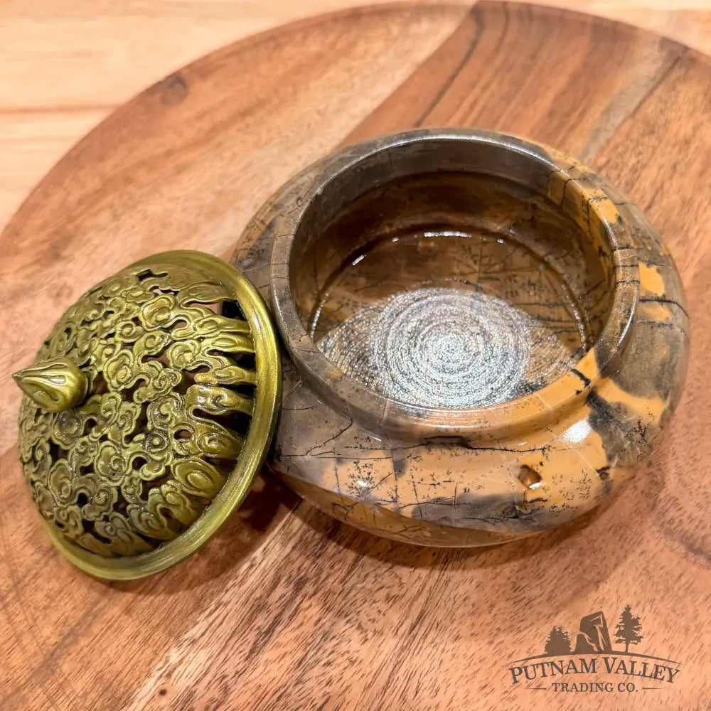 Chinese Picture Jasper Trinket Box | Incense Burner - Display Box