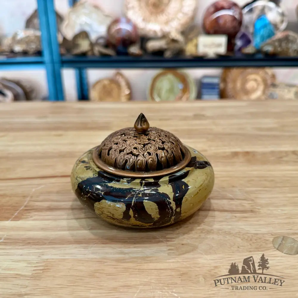 Chinese Picture Jasper Round Trinket Box - Display Box