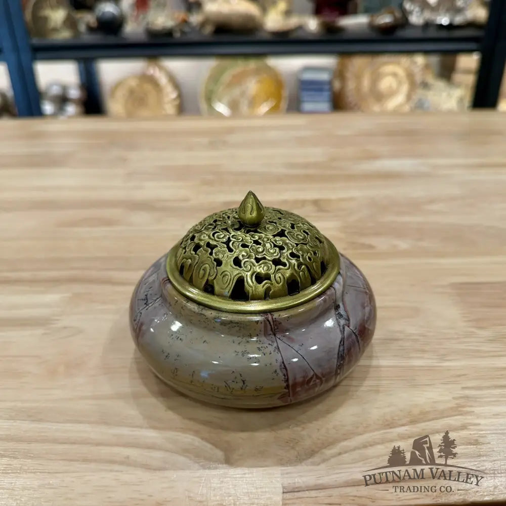 Chinese Picture Jasper Trinket Box | Incense Burner - Display Box