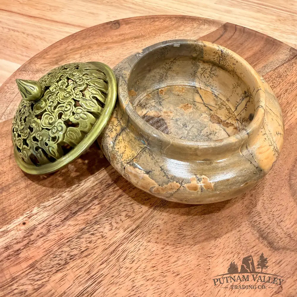 Chinese Picture Jasper Trinket Box | Incense Burner - Display Box