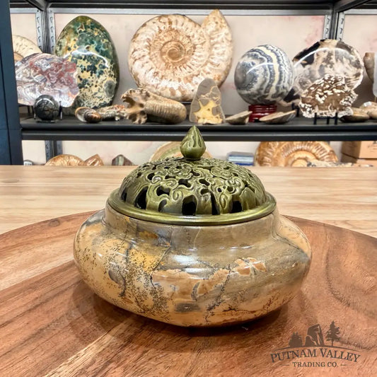 Chinese Picture Jasper Trinket Box | Incense Burner - Display Box