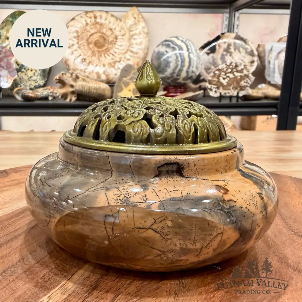Chinese Picture Jasper Trinket Box | Incense Burner - Display Box