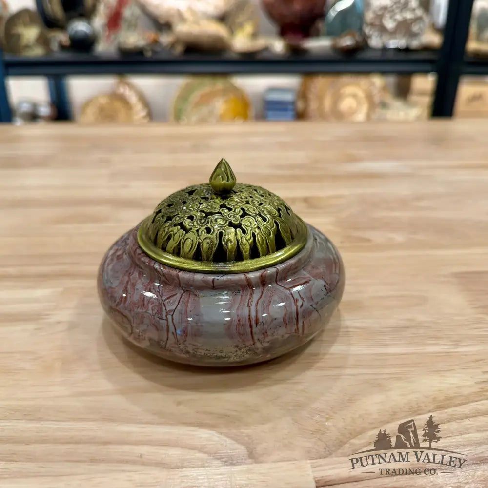 Chinese Picture Jasper Trinket Box | Incense Burner - Display Box