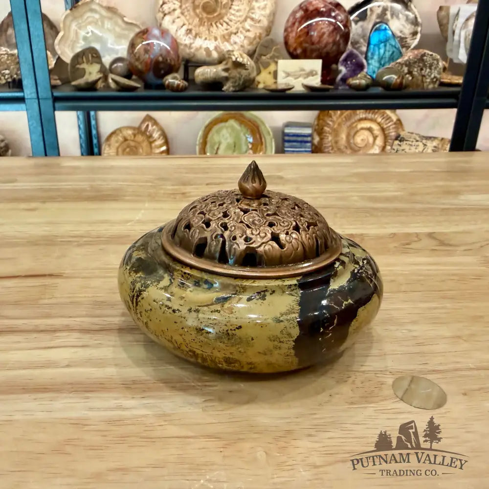 Chinese Picture Jasper Round Trinket Box - Display Box