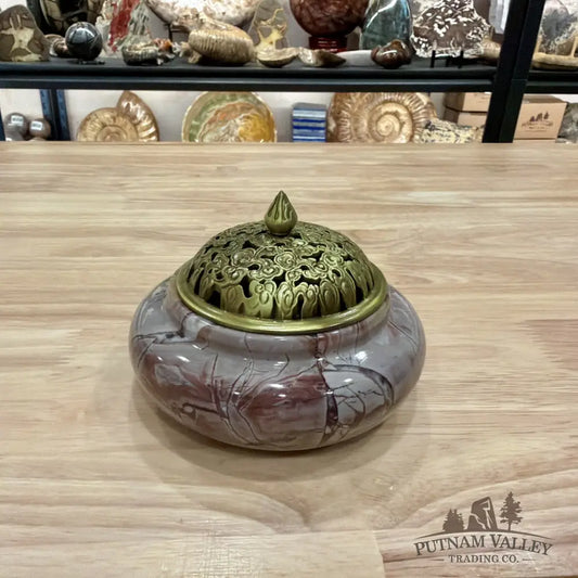 Chinese Picture Jasper Trinket Box | Incense Burner - Display Box