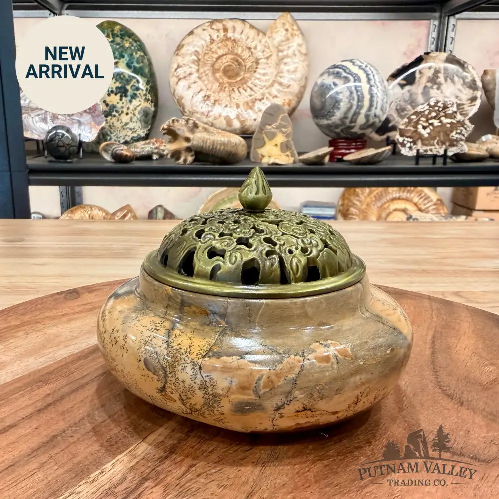 Chinese Picture Jasper Trinket Box | Incense Burner - Display Box