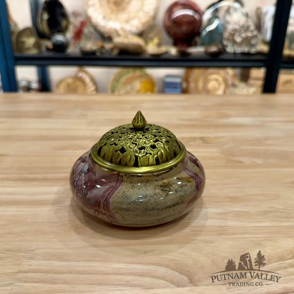 Chinese Picture Jasper Trinket Box | Incense Burner - Display Box