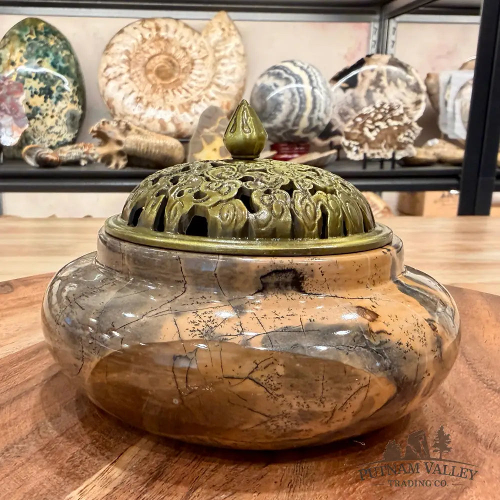 Chinese Picture Jasper Trinket Box | Incense Burner - Display Box