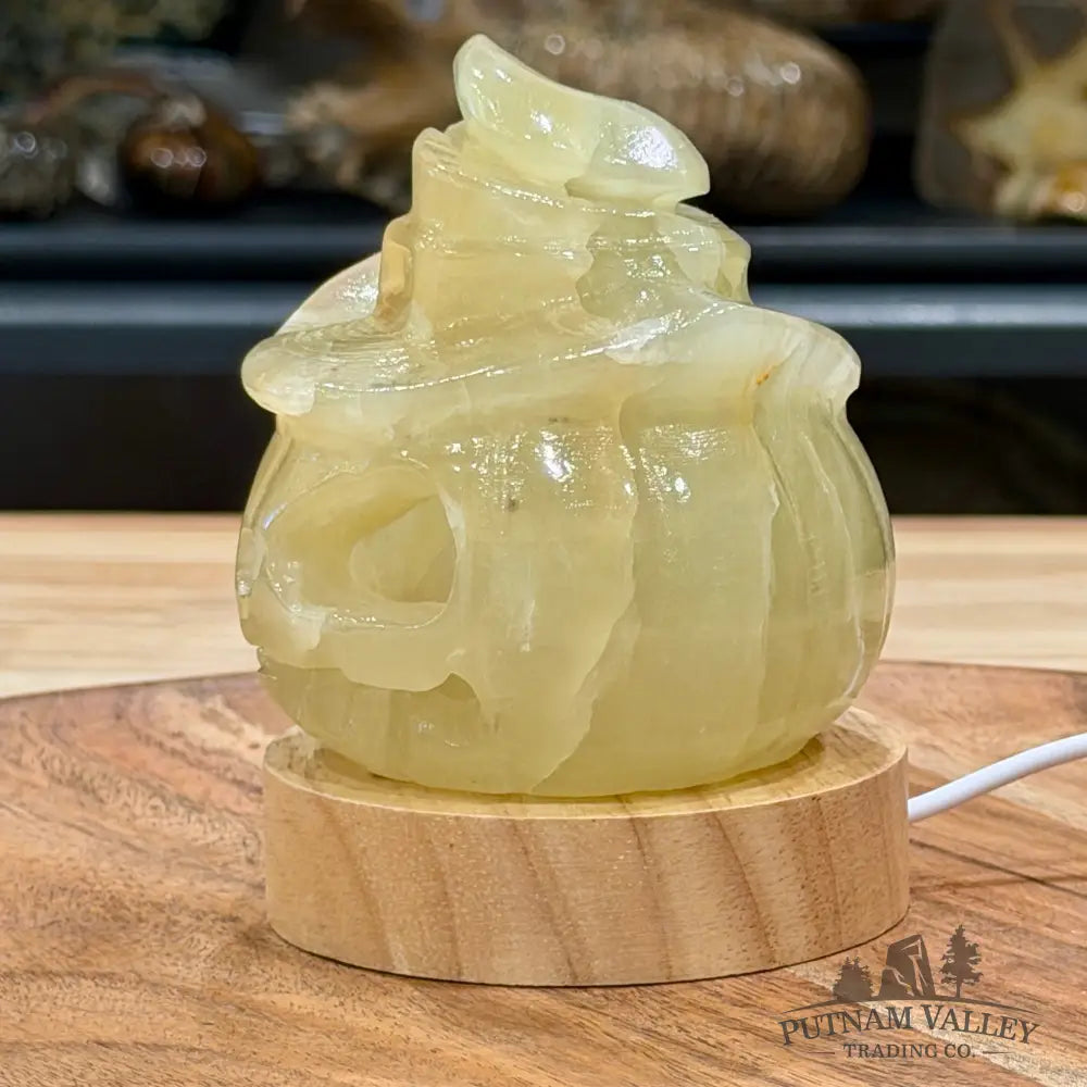 Green Banded Calcite Jack-O’-Lantern Lamp 1.06 | Carved Stone Pumpkin - Carved Object