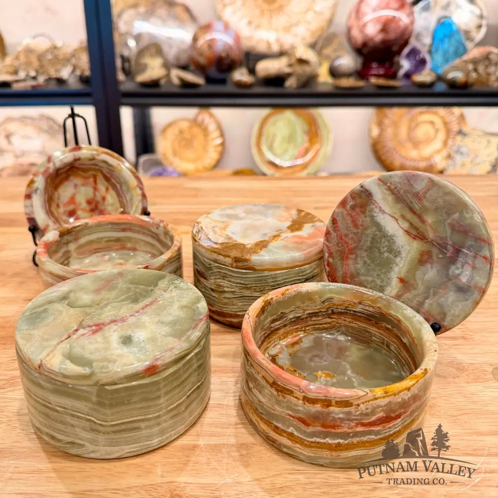 Green Banded Calcite Round Box - Trinket Box