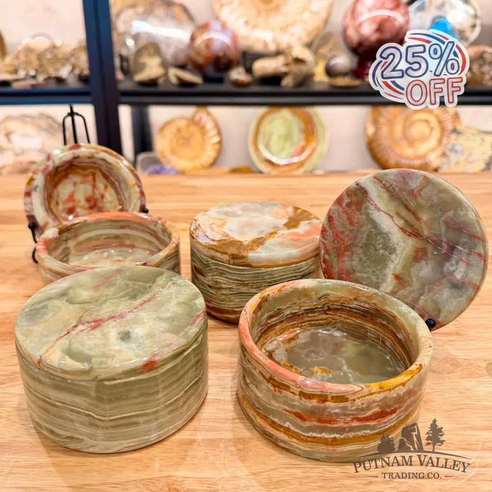 Green Banded Calcite Round Box - Trinket Box