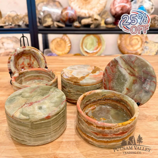 Green Banded Calcite Round Box - Trinket Box